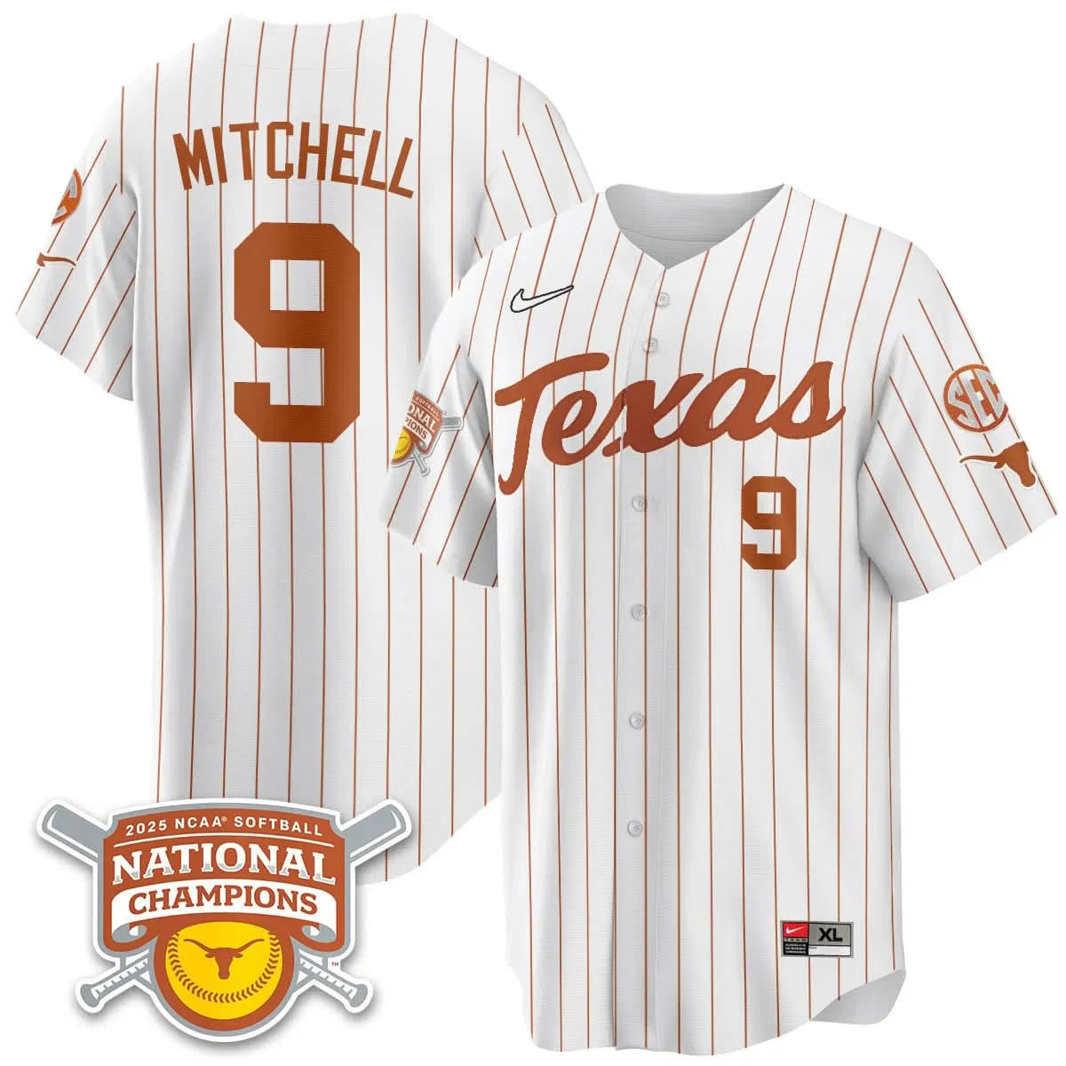 Personalized TL Softball 2026 World Series Champions Limited Jersey - Stitched - White Pinstripe / Joley Mitchell - 9 Stitched