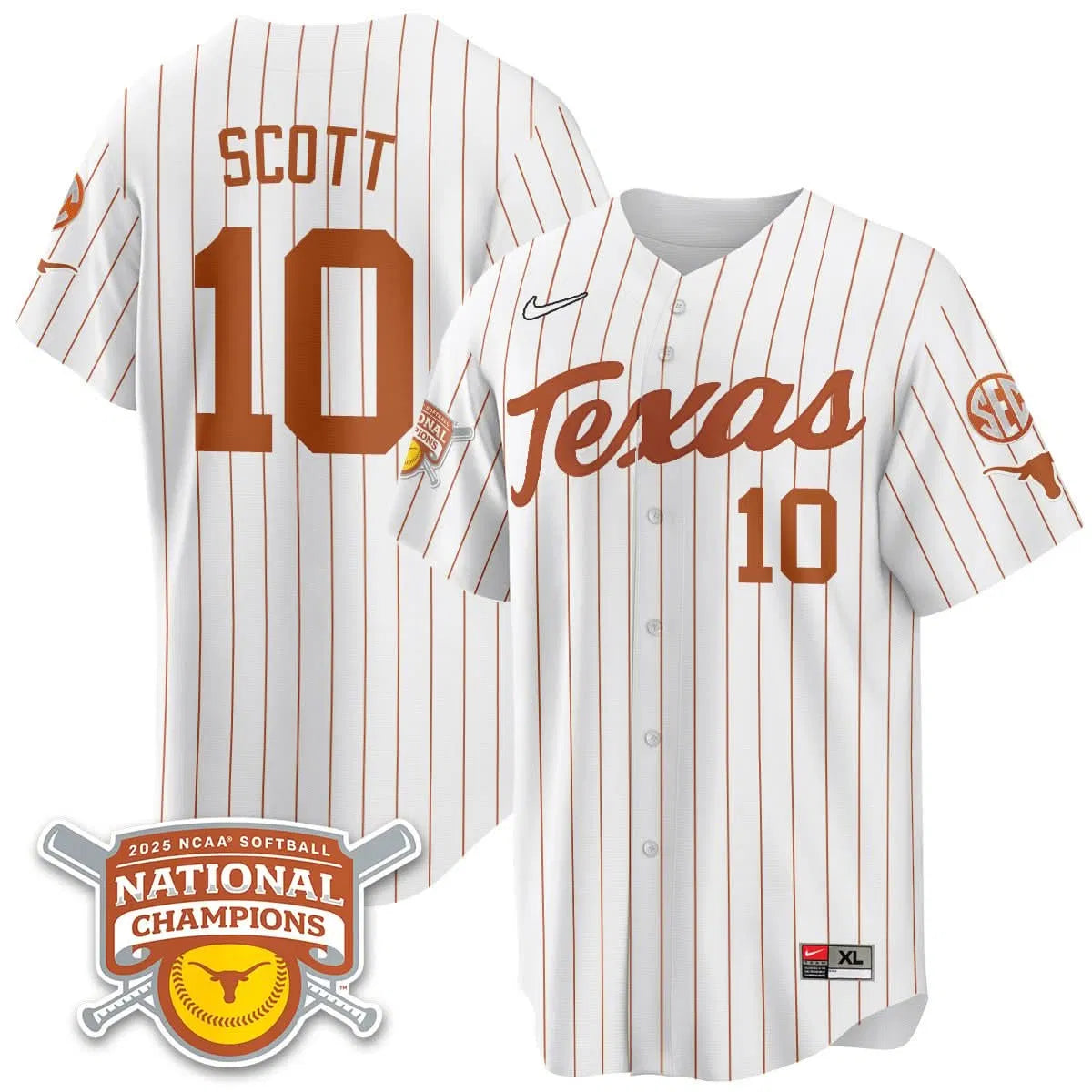 Personalized TL Softball 2026 World Series Champions Limited Jersey - Stitched - White Pinstripe / Mia Scott - 10 Stitched