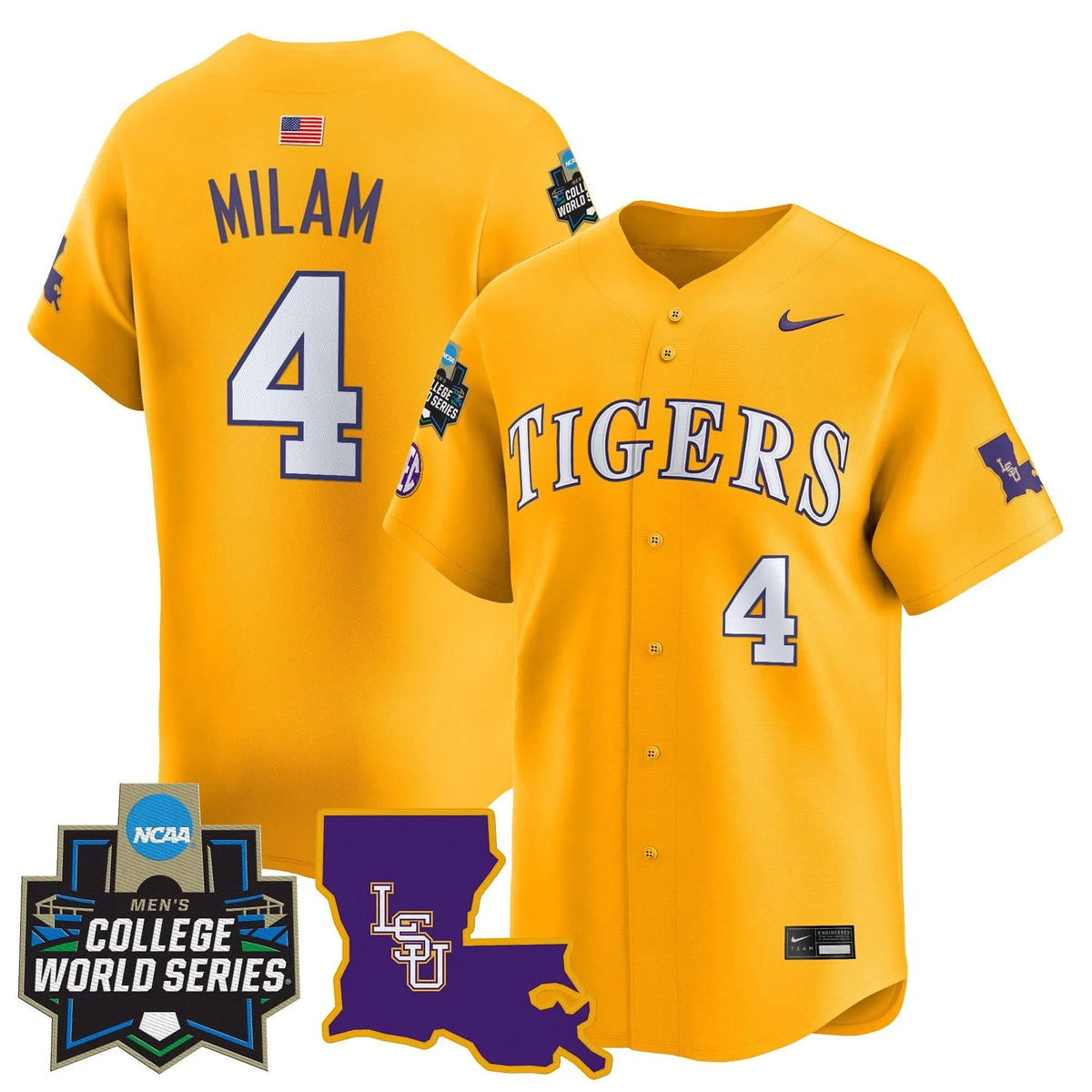 Personalized LSU 2026 World Series Vapor Premier Limited Jersey - Stitched - Gold / Steven Milam Stitched