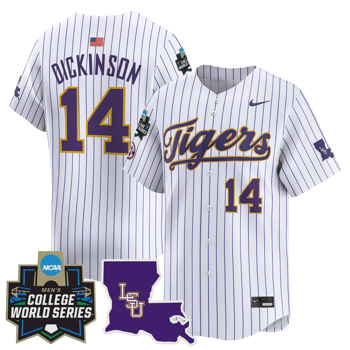 Personalized LSU 2026 World Series Vapor Premier Limited Jersey - Stitched - Pinstripe / Daniel Dickinson Stitched