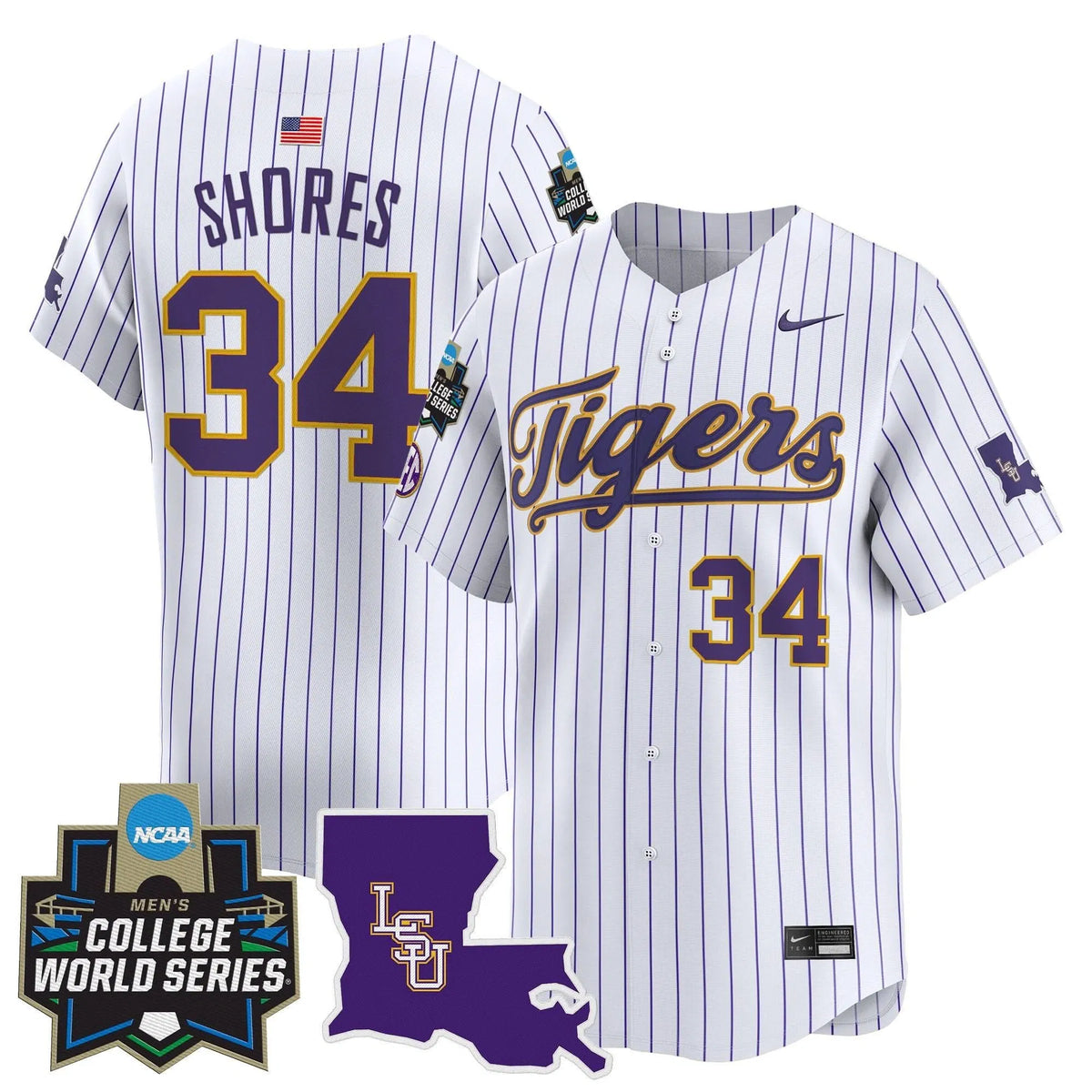 Personalized LSU 2026 World Series Vapor Premier Limited Jersey - Stitched - Pinstripe / Chase Shores Stitched