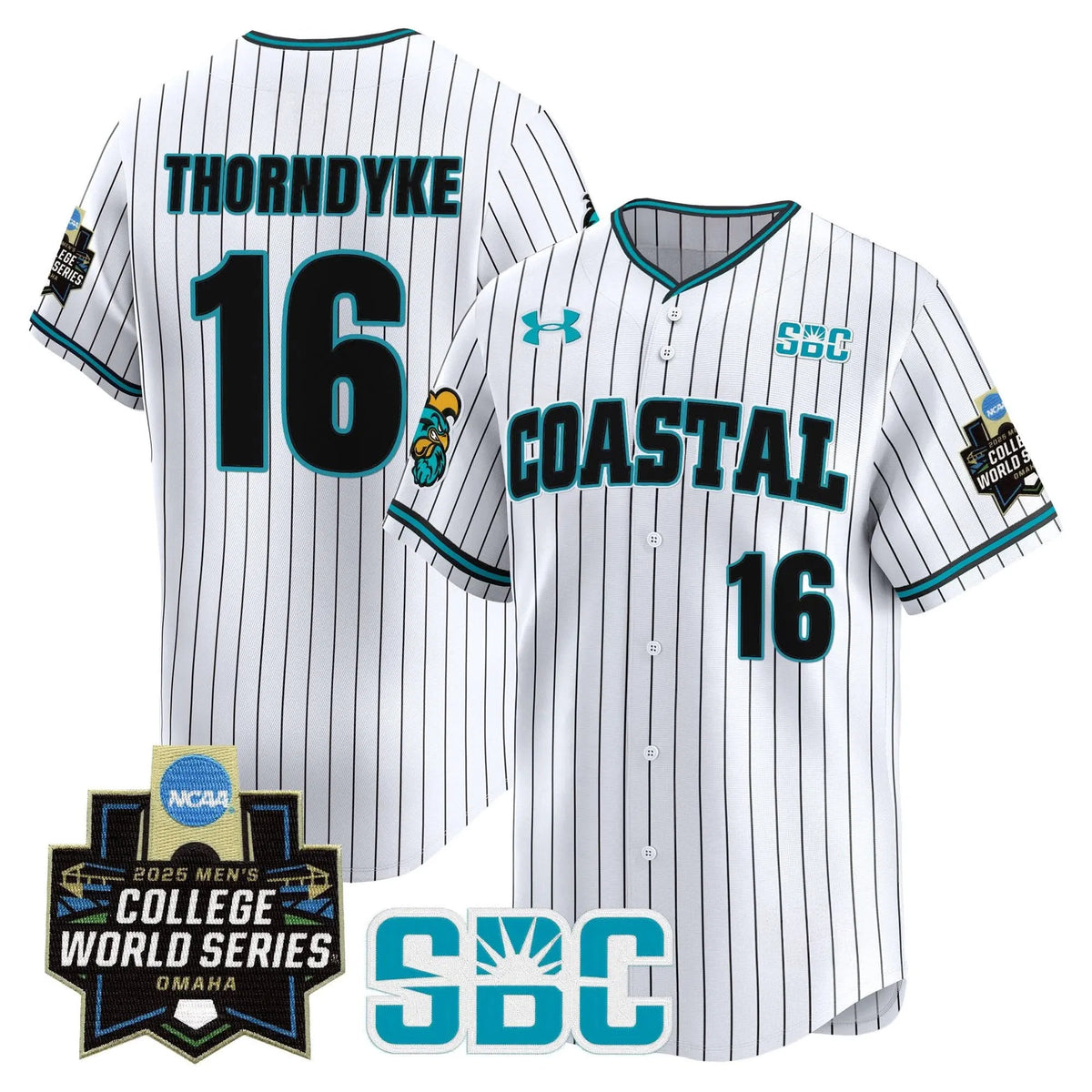 Personalized Coastal Carolina Chanticleers 2026 World Series Vapor Premier Limited Jersey - Stitched - Pinstripe / Colby Thorndyke Stitched