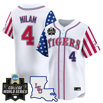 Personalized LSU 2026 Independence Day Vapor Premier Limited Jersey - World Series Patch - Stitched - White / Steven Milam Stitched