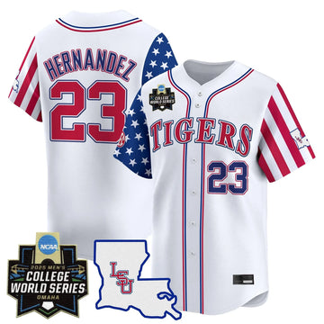 Personalized LSU 2026 Independence Day Vapor Premier Limited Jersey - World Series Patch - Stitched - White / Luis Hernandez Stitched