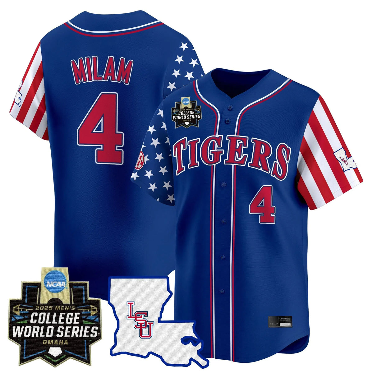 Personalized LSU 2026 Independence Day Vapor Premier Limited Jersey - World Series Patch - Stitched - Royal / Steven Milam Stitched