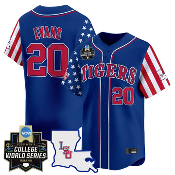Personalized LSU 2026 Independence Day Vapor Premier Limited Jersey - World Series Patch - Stitched - Royal / Casan Evans Stitched