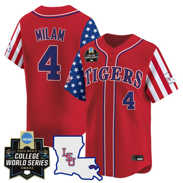 Personalized LSU 2026 Independence Day Vapor Premier Limited Jersey - World Series Patch - Stitched - Red / Steven Milam Stitched