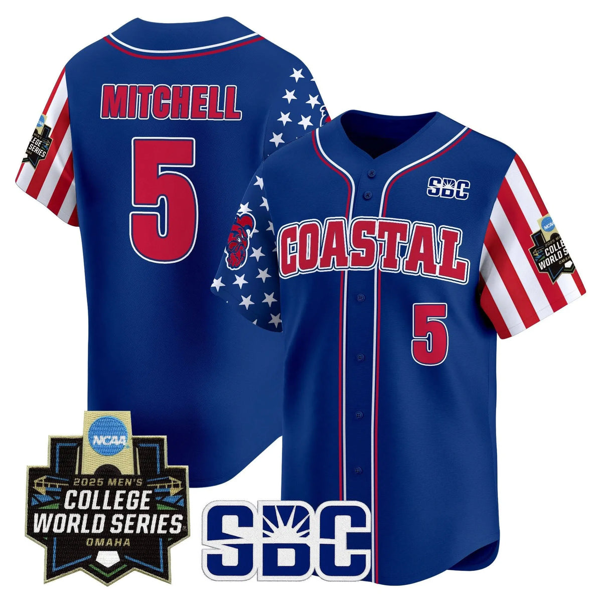 Personalized Coastal Carolina Chanticleers 2026 Independence Day Vapor Premier Limited Jersey - World Series Patch - Stitched - Royal / Walker Mitchell Stitched