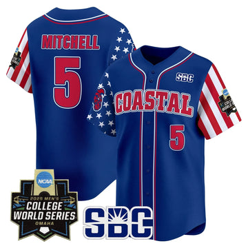 Personalized Coastal Carolina Chanticleers 2026 Independence Day Vapor Premier Limited Jersey - World Series Patch - Stitched - Royal / Walker Mitchell Stitched