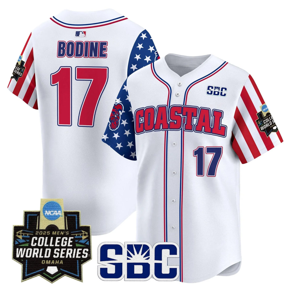 Personalized Coastal Carolina Chanticleers 2026 Independence Day Vapor Premier Limited Jersey - World Series Patch - Stitched - White / Caden Bodine Stitched