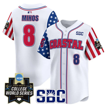 Personalized Coastal Carolina Chanticleers 2026 Independence Day Vapor Premier Limited Jersey - World Series Patch - Stitched - White / Dean Mihos Stitched