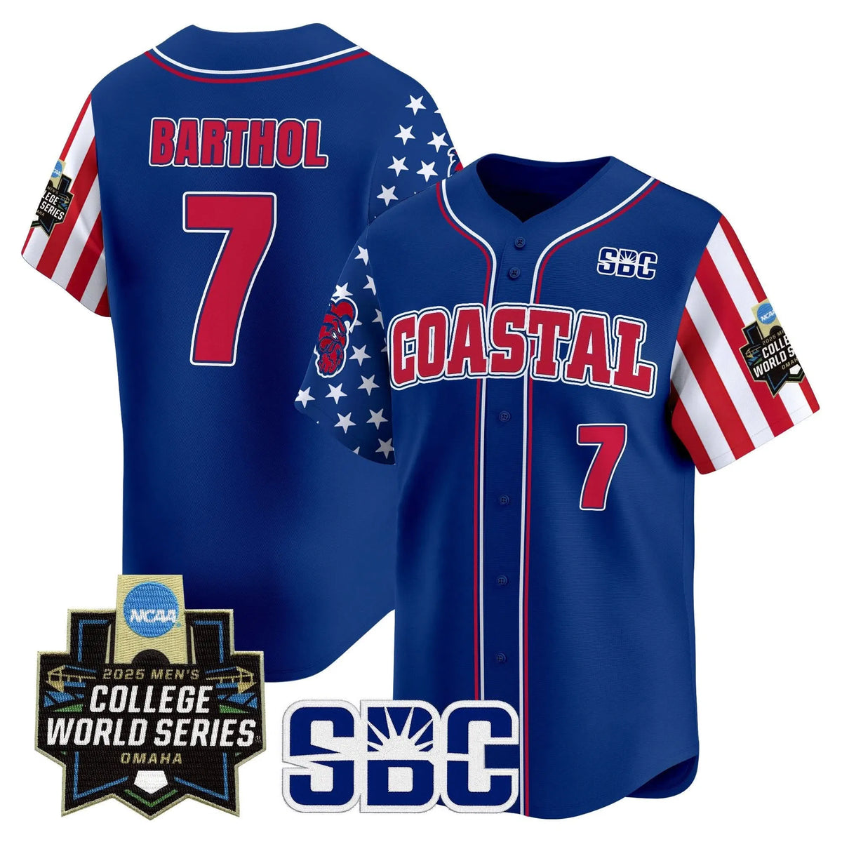 Personalized Coastal Carolina Chanticleers 2026 Independence Day Vapor Premier Limited Jersey - World Series Patch - Stitched - Royal / Blake Barthol Stitched