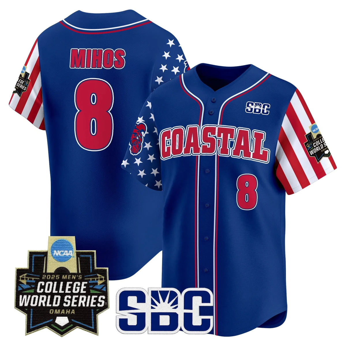 Personalized Coastal Carolina Chanticleers 2026 Independence Day Vapor Premier Limited Jersey - World Series Patch - Stitched - Royal / Dean Mihos Stitched