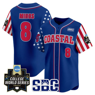 Personalized Coastal Carolina Chanticleers 2026 Independence Day Vapor Premier Limited Jersey - World Series Patch - Stitched - Royal / Dean Mihos Stitched