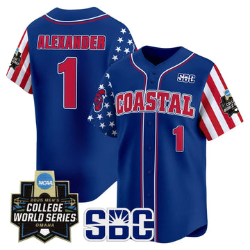 Personalized Coastal Carolina Chanticleers 2026 Independence Day Vapor Premier Limited Jersey - World Series Patch - Stitched - Royal / Sebastian Alexander Stitched