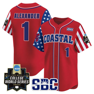 Personalized Coastal Carolina Chanticleers 2026 Independence Day Vapor Premier Limited Jersey - World Series Patch - Stitched - Red / Sebastian Alexander Stitched