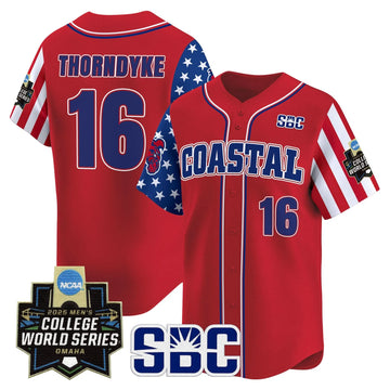Personalized Coastal Carolina Chanticleers 2026 Independence Day Vapor Premier Limited Jersey - World Series Patch - Stitched - Red / Colby Thorndyke Stitched