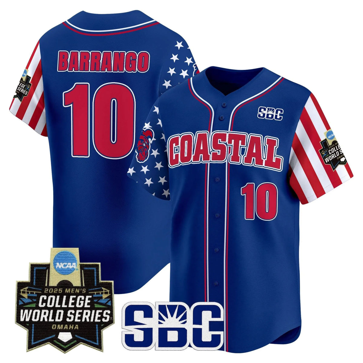 Personalized Coastal Carolina Chanticleers 2026 Independence Day Vapor Premier Limited Jersey - World Series Patch - Stitched - Royal / Ty Barrango Stitched