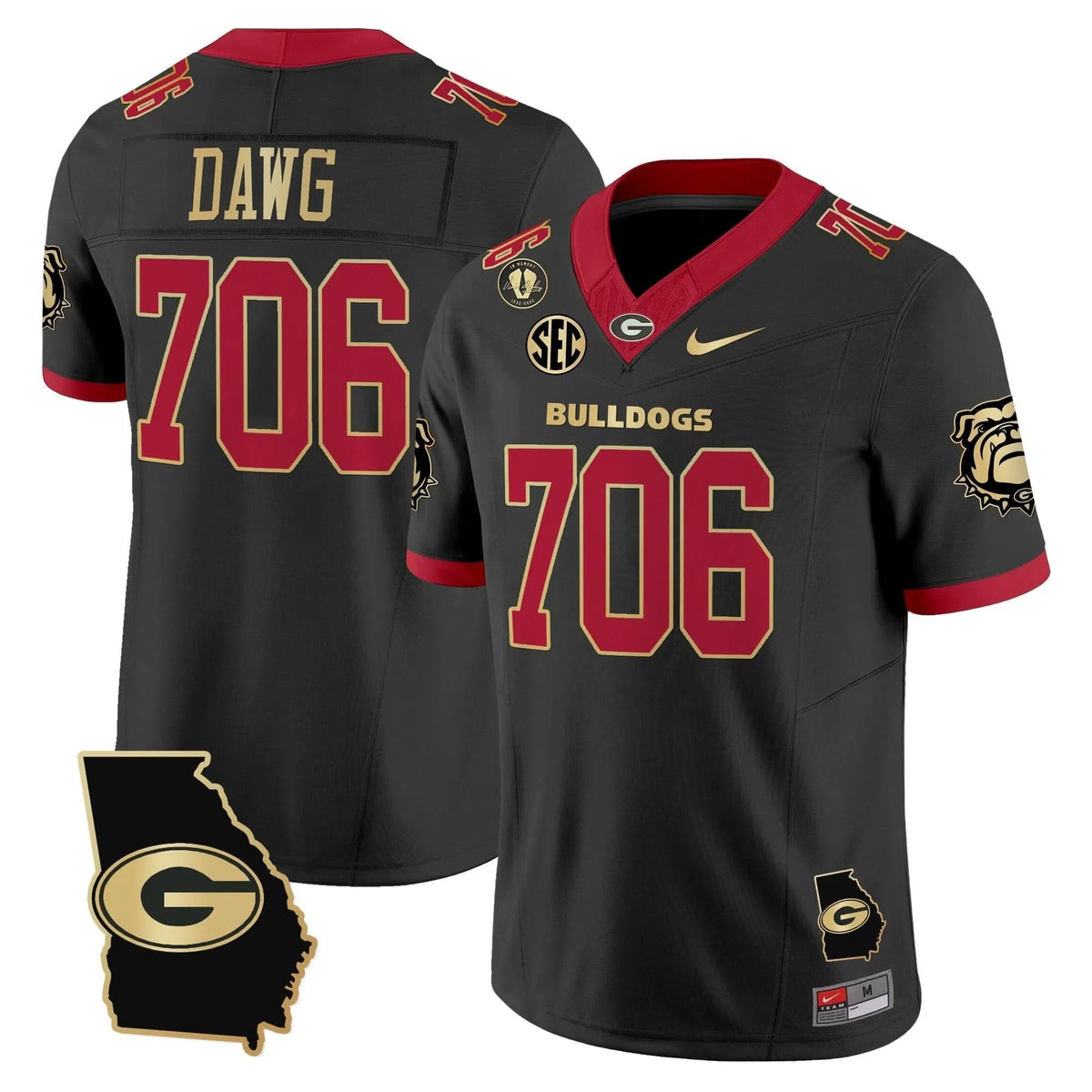 Personalized GB 2026 Georgia Map & Vince Dooley Patch Vapor Limited Jersey - Black Gold Trim / Dawg 706 Stitched