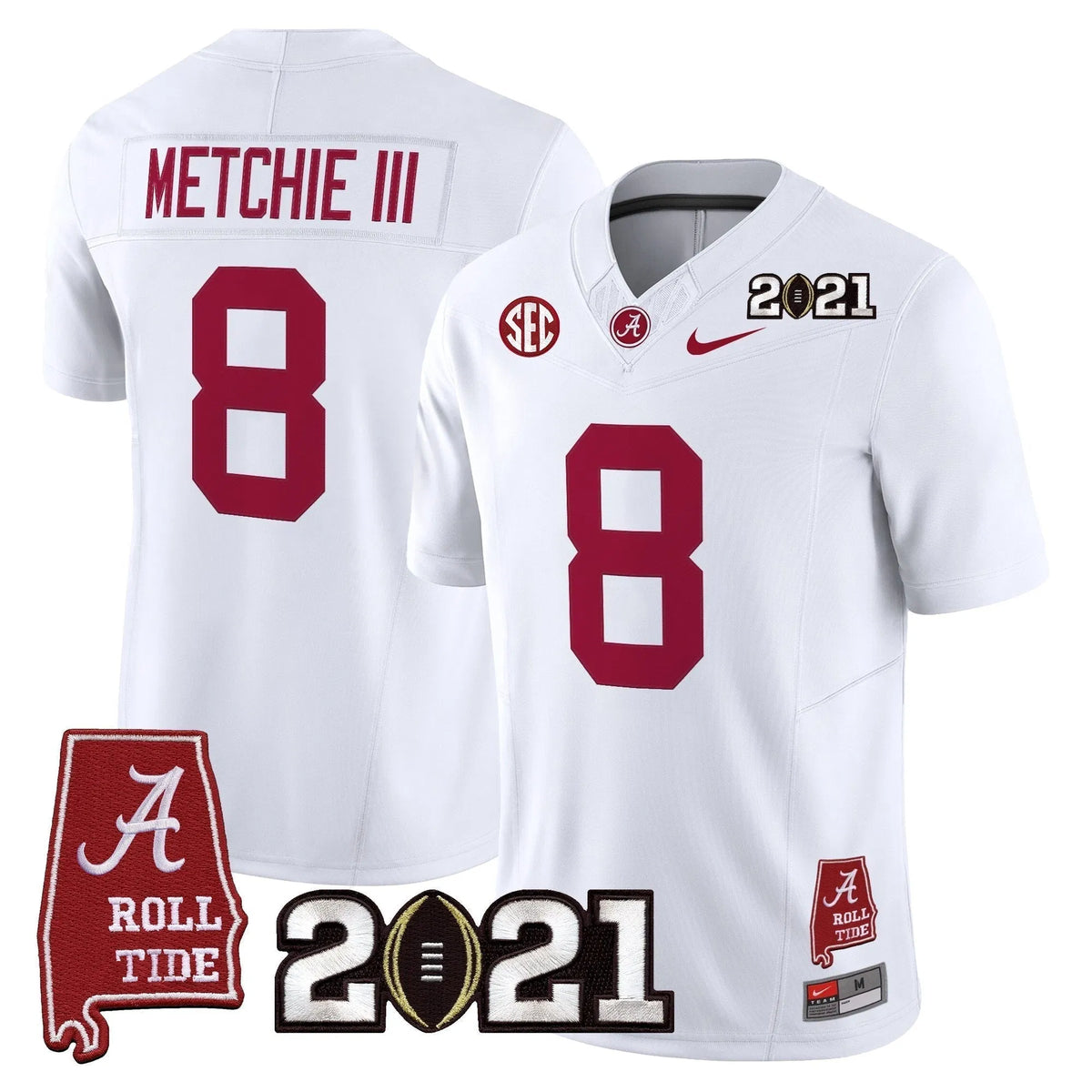 Personalized ACT '2021 CFP National Championship' Vapor Limited Jersey - Alabama Map - White / John Metchie III Stitched