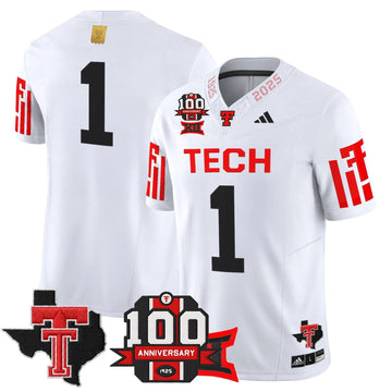 Personalized TTU 2026 Vapor Limited Jersey - 100th Anniversary & Texas Patch - White / #1 Team Stitched