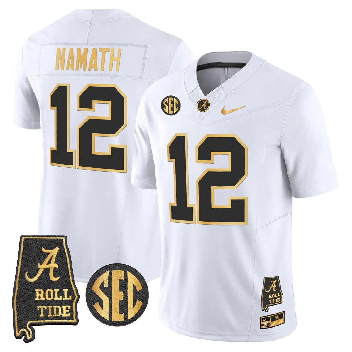 Personalized BAMA 2026 Gold Vapor Limited Jersey - Alabama Map - White Gold / Joe Namath Stitched
