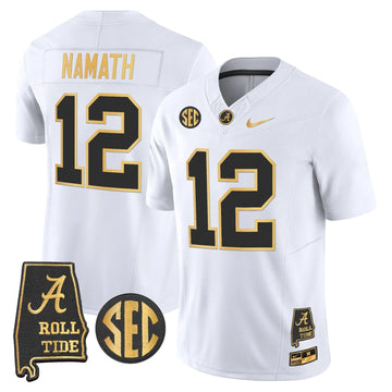 Personalized BAMA 2026 Gold Vapor Limited Jersey - Alabama Map - White Gold / Joe Namath Stitched