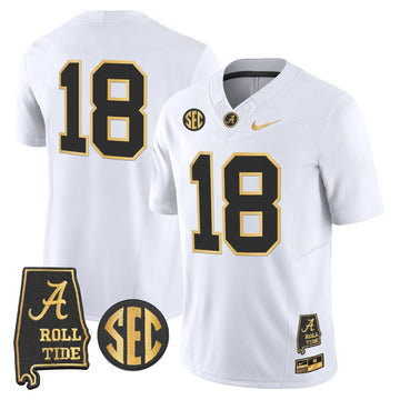 Personalized BAMA 2026 Gold Vapor Limited Jersey - Alabama Map - White Gold / #18 Crimson Stitched