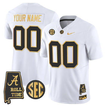 Personalized BAMA 2026 Gold Vapor Limited Custom Jersey - Alabama Map - White Gold Stitched