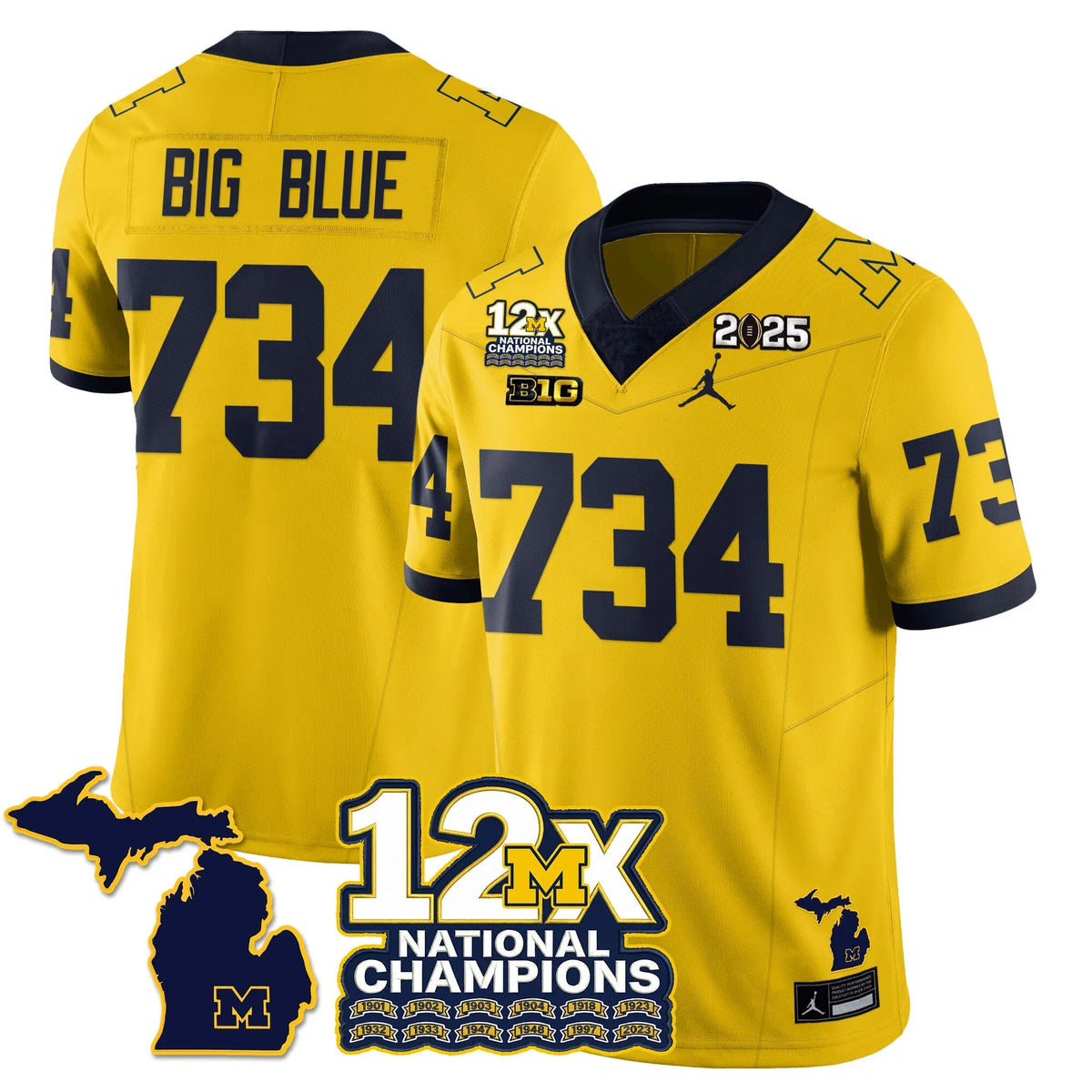 Personalized MICH 12x-Time National Champions Vapor Limited Football Jersey - Maize / Big Blue - 734 Stitched