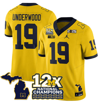 Personalized MICH 12x-Time National Champions Vapor Limited Football Jersey - Maize / Bryce Underwood - 19 Stitched