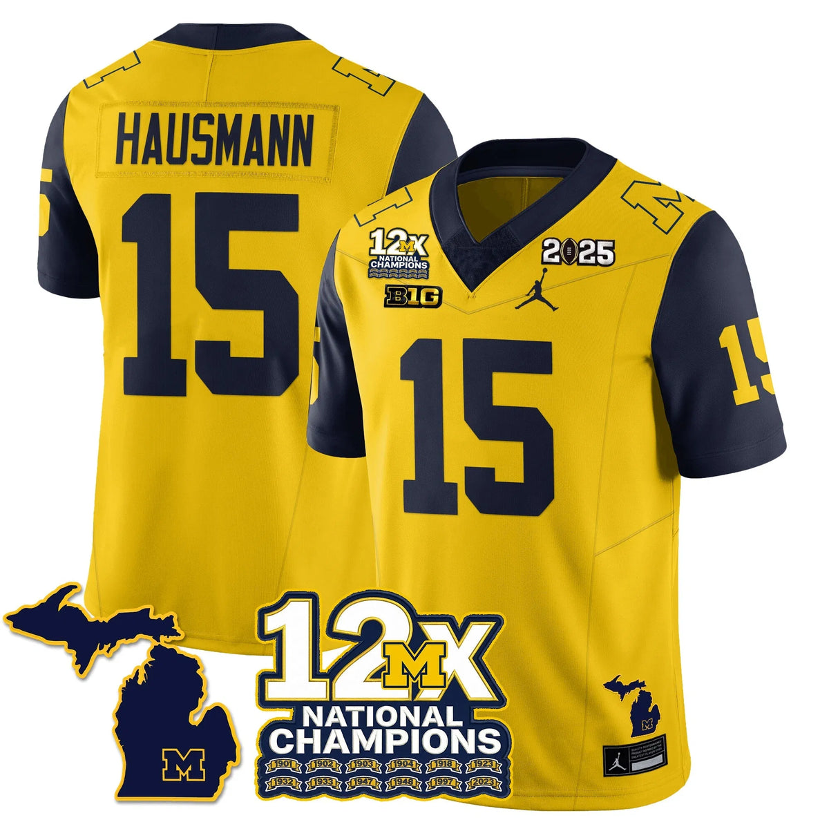 Personalized MICH 12x-Time National Champions Vapor Limited Football Jersey - Navy Sleeves / Ernest Hausmann - 15 Stitched