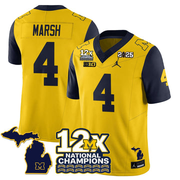 Personalized MICH 12x-Time National Champions Vapor Limited Football Jersey - Navy Sleeves / Andrew Marsh - 4 Stitched