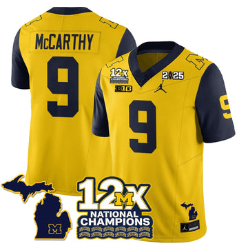 Personalized MICH 12x-Time National Champions Vapor Limited Football Jersey - Navy Sleeves / J.J. McCarthy - 9 Stitched