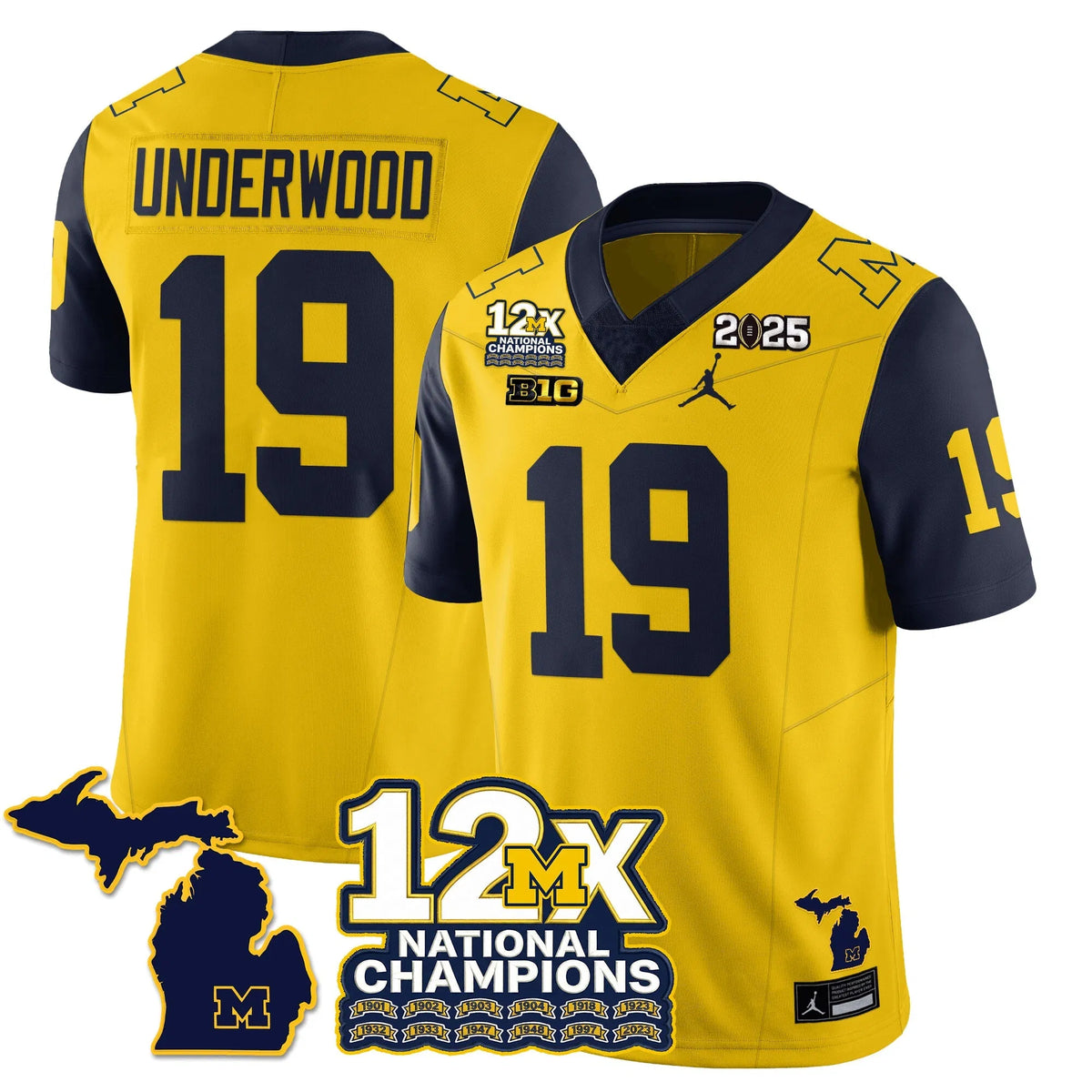 Personalized MICH 12x-Time National Champions Vapor Limited Football Jersey - Navy Sleeves / Bryce Underwood - 19 Stitched