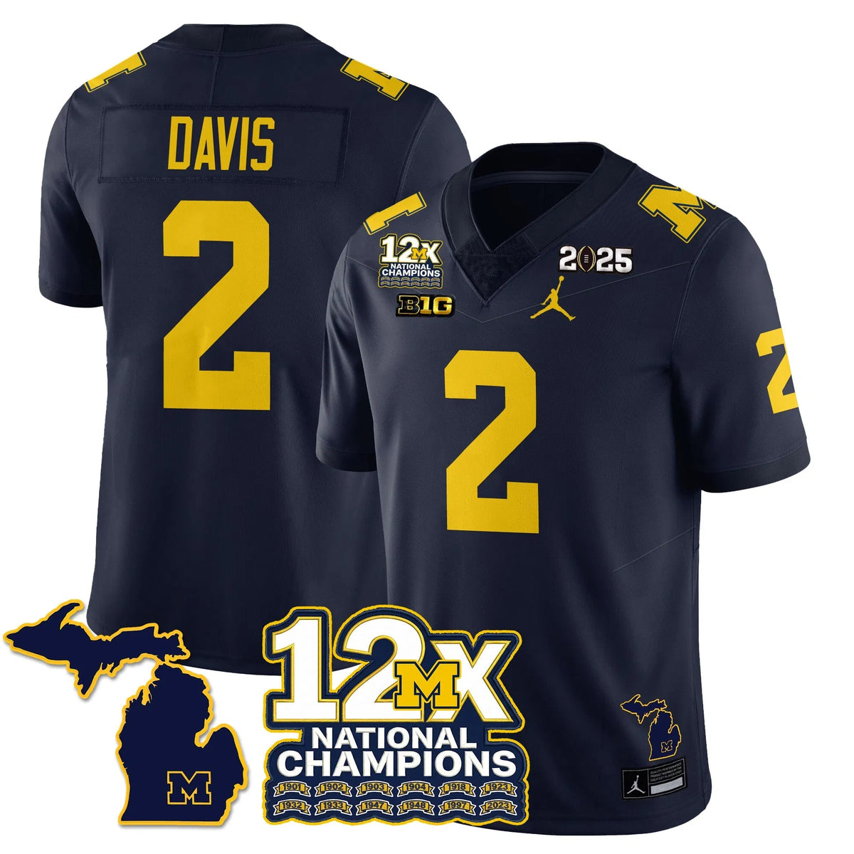 Personalized MICH 12x-Time National Champions Vapor Limited Football Jersey - Navy / Jadyn Davis - 2 Stitched