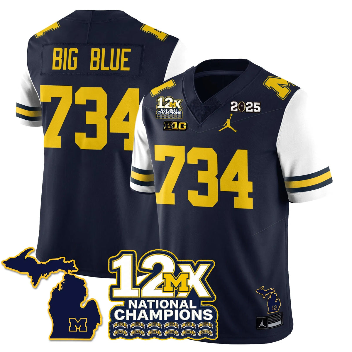 Personalized MICH 12x-Time National Champions Vapor Limited Football Jersey - White Sleeves / Big Blue - 734 Stitched