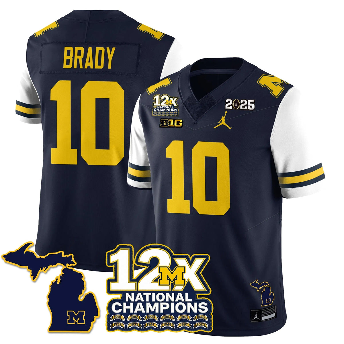 Personalized MICH 12x-Time National Champions Vapor Limited Football Jersey - White Sleeves / Tom Brady - 10 Stitched