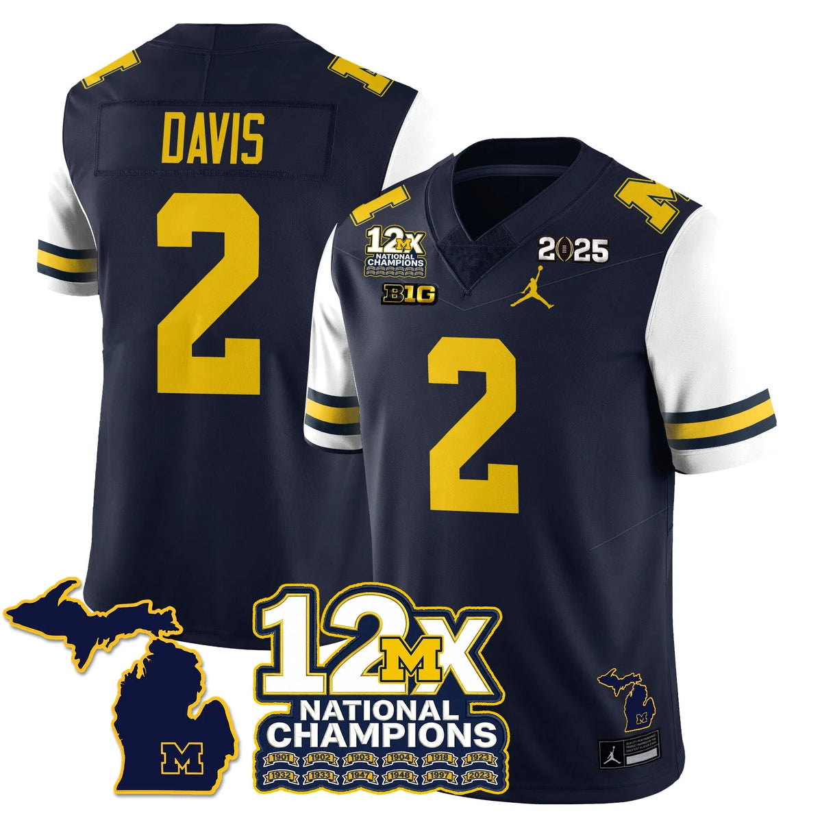 Personalized MICH 12x-Time National Champions Vapor Limited Football Jersey - White Sleeves / Jadyn Davis - 2 Stitched