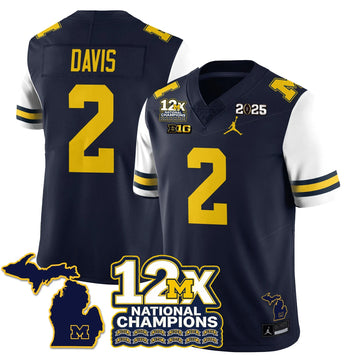 Personalized MICH 12x-Time National Champions Vapor Limited Football Jersey - White Sleeves / Jadyn Davis - 2 Stitched