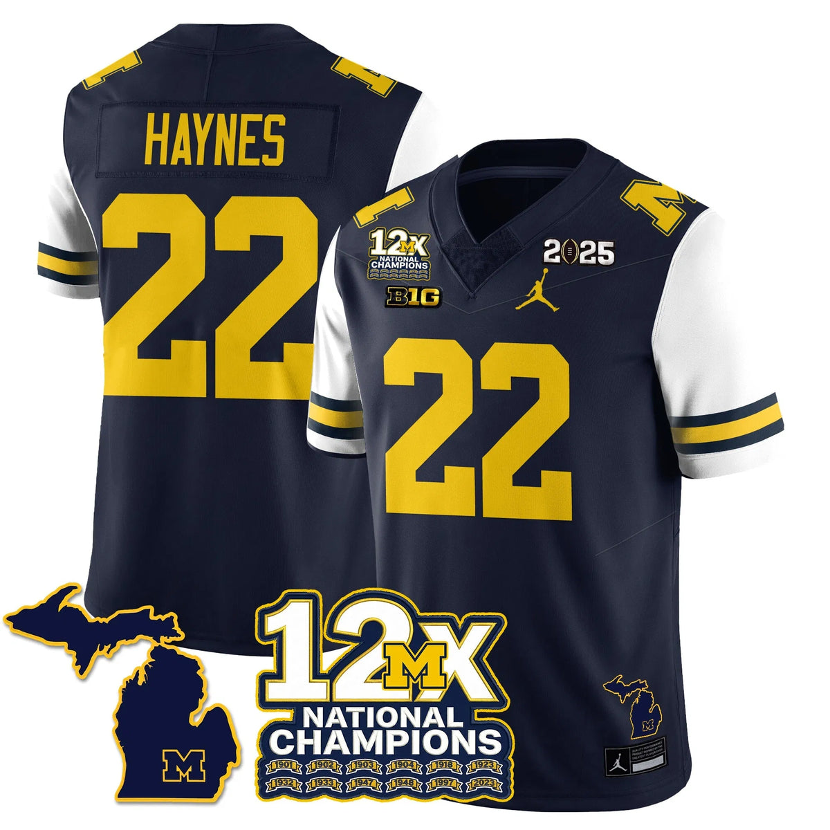 Personalized MICH 12x-Time National Champions Vapor Limited Football Jersey - White Sleeves / Justice Haynes - 22 Stitched