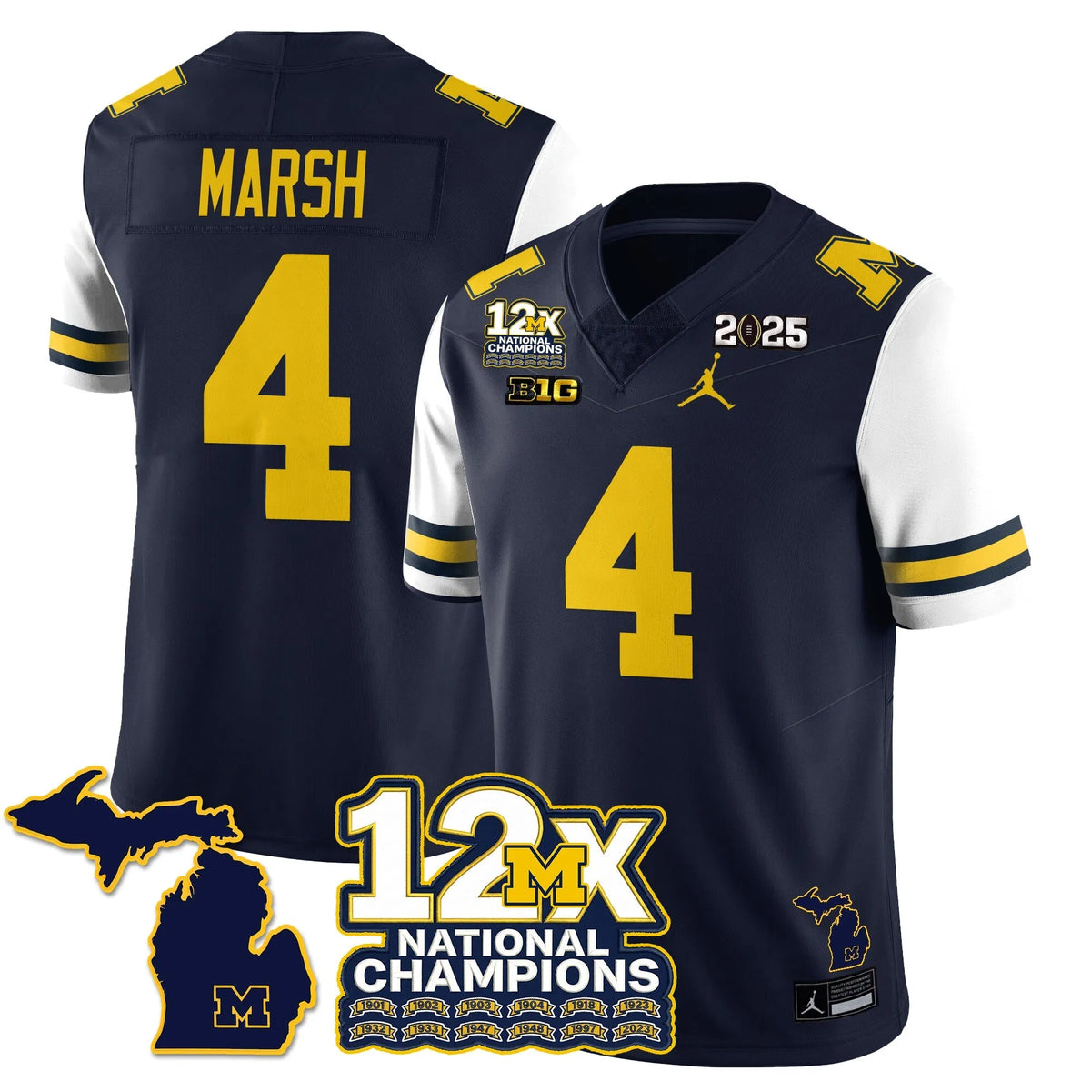 Personalized MICH 12x-Time National Champions Vapor Limited Football Jersey - White Sleeves / Andrew Marsh - 4 Stitched