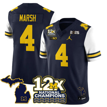 Personalized MICH 12x-Time National Champions Vapor Limited Football Jersey - White Sleeves / Andrew Marsh - 4 Stitched