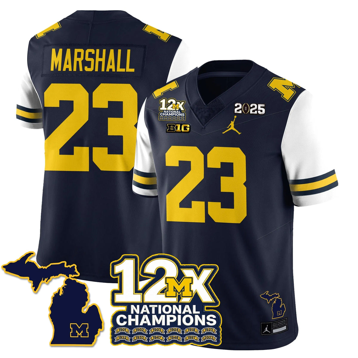 Personalized MICH 12x-Time National Champions Vapor Limited Football Jersey - White Sleeves / Jordan Marshall - 23 Stitched