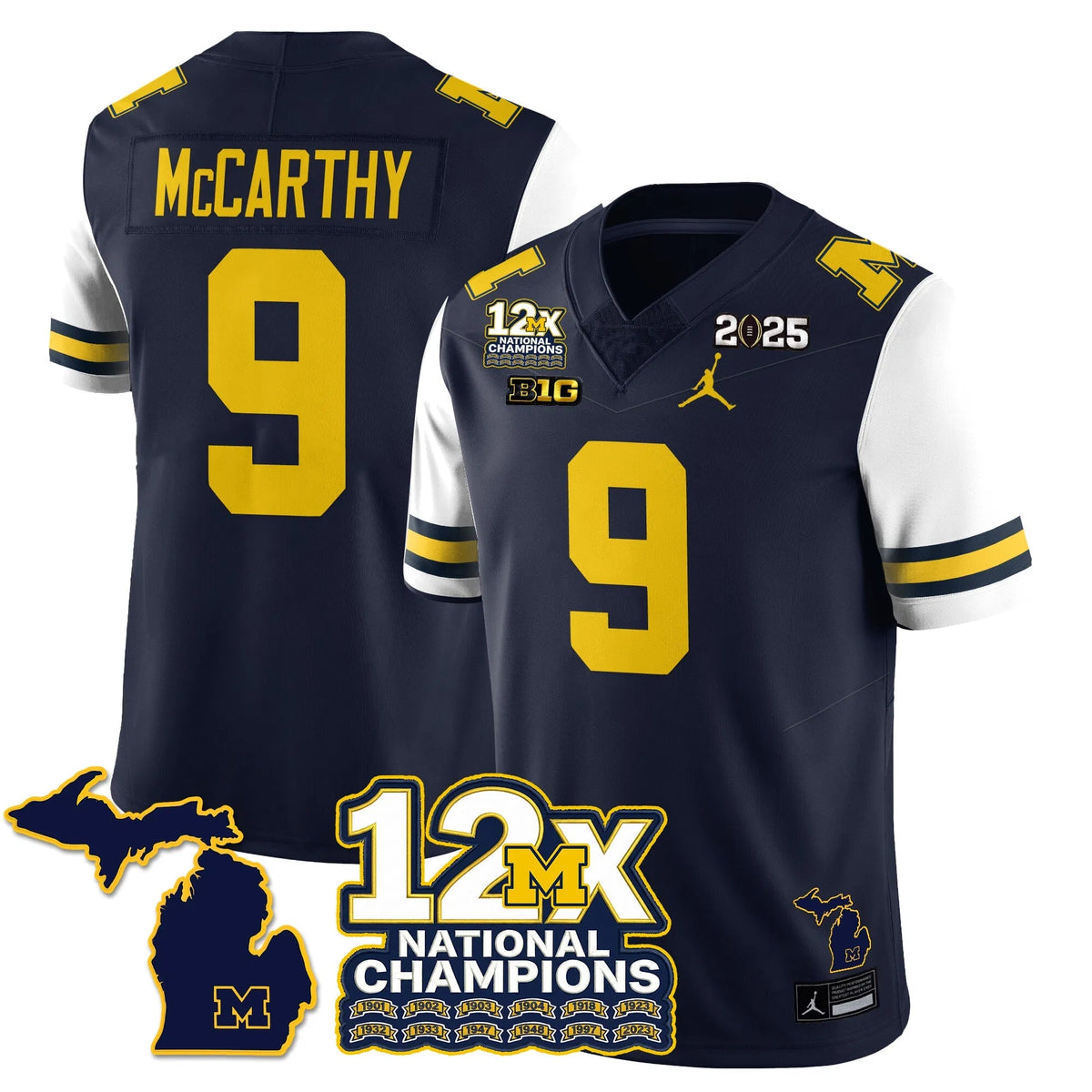 Personalized MICH 12x-Time National Champions Vapor Limited Football Jersey - White Sleeves / J.J. McCarthy - 9 Stitched