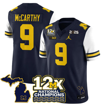 Personalized MICH 12x-Time National Champions Vapor Limited Football Jersey - White Sleeves / J.J. McCarthy - 9 Stitched