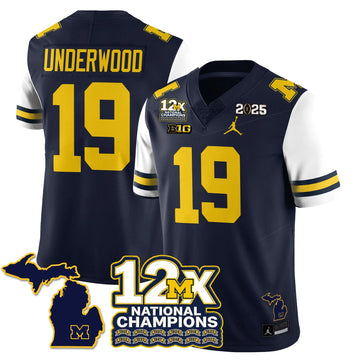 Personalized MICH 12x-Time National Champions Vapor Limited Football Jersey - White Sleeves / Bryce Underwood - 19 Stitched
