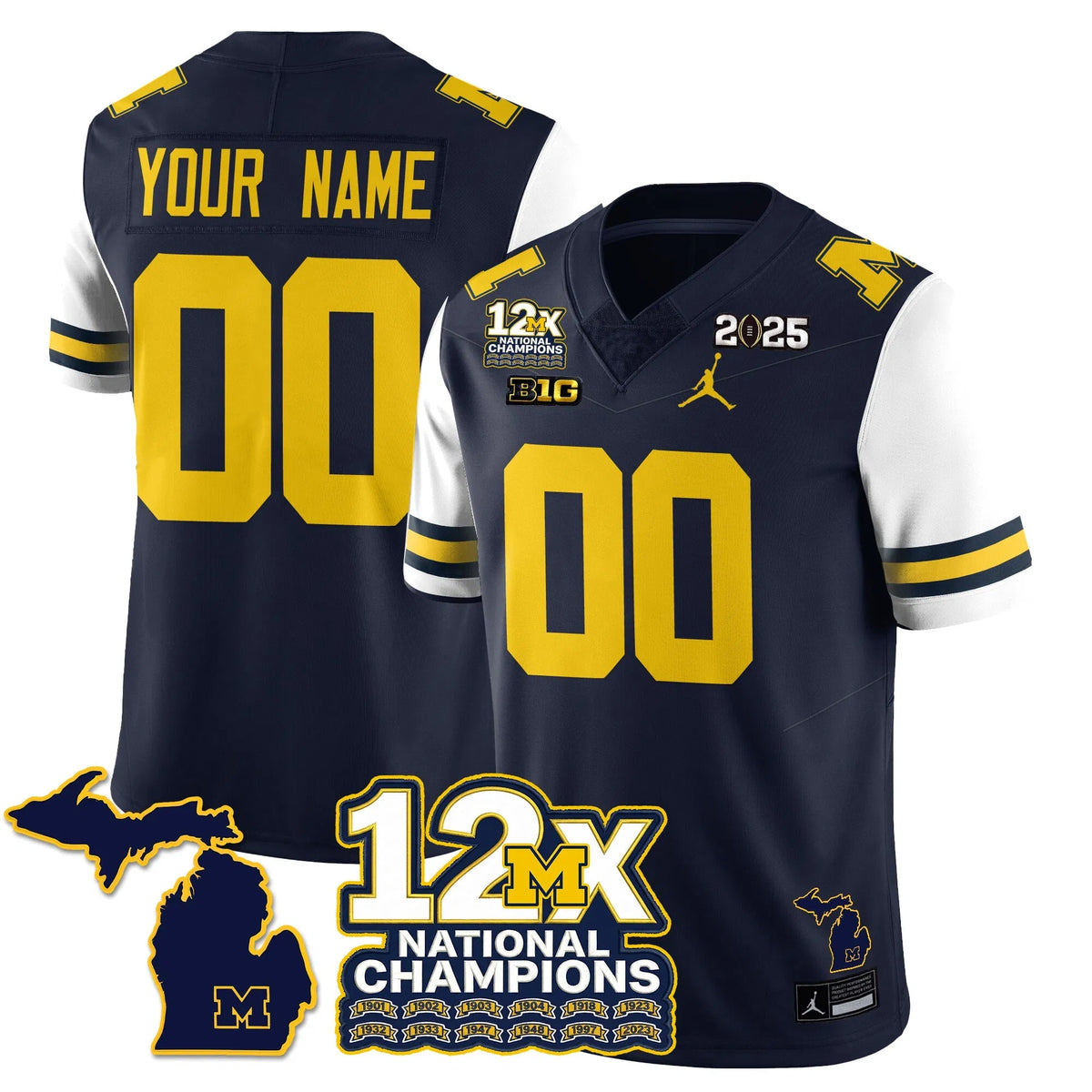 Personalized Custom MICH 12x-Time National Champions Vapor Limited Football Jersey - White Sleeves Stitched