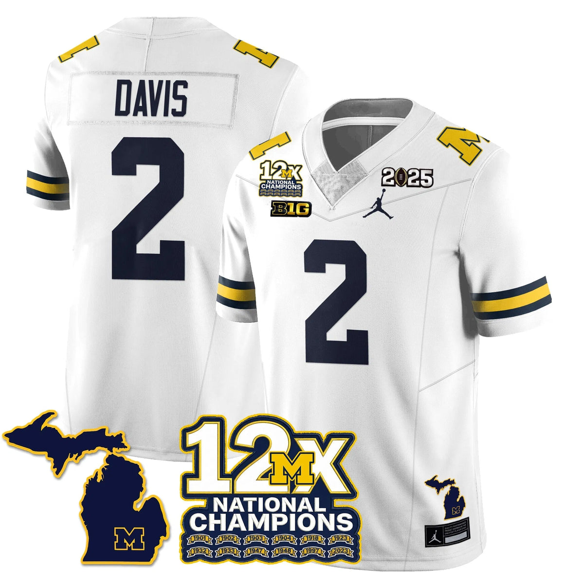Personalized MICH 12x-Time National Champions Vapor Limited Football Jersey - White / Jadyn Davis - 2 Stitched