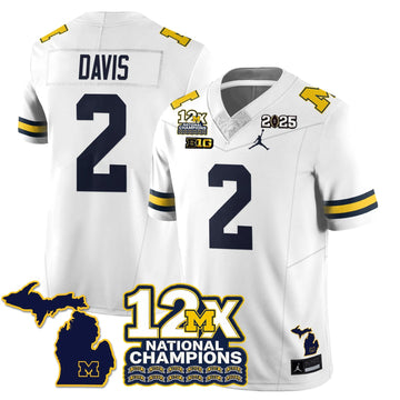 Personalized MICH 12x-Time National Champions Vapor Limited Football Jersey - White / Jadyn Davis - 2 Stitched
